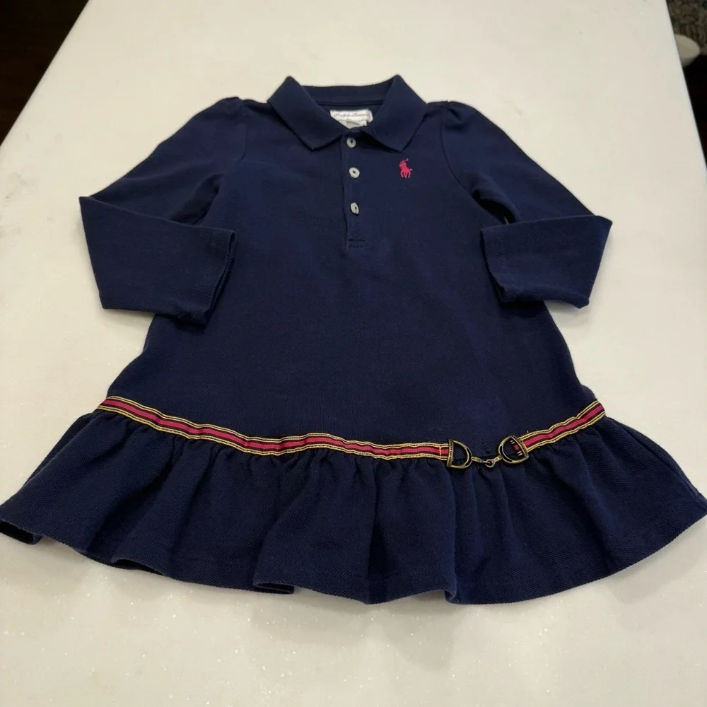 Ralph Lauren Toddler Girls Dress Navy Blue Ribbon & Horse & Bit Accent Sz 24 Mo